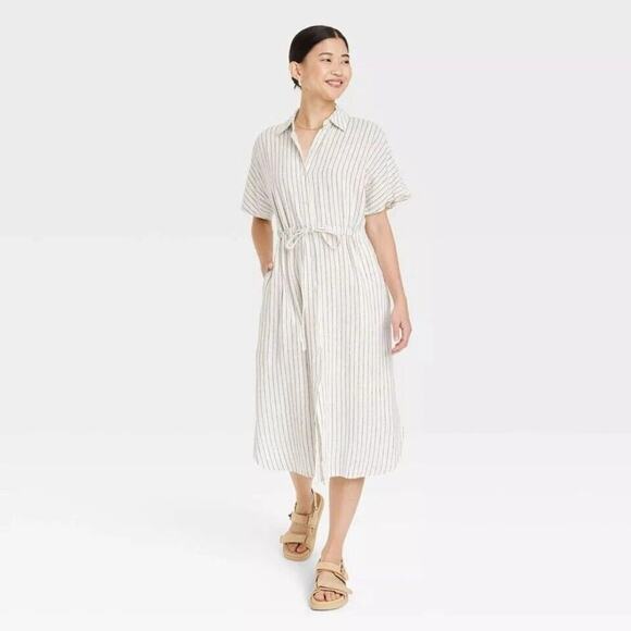 A New Day Women's Short Sleeve Linen Midi Shirtdress Black White Striped XXL - Picture 1 of 9